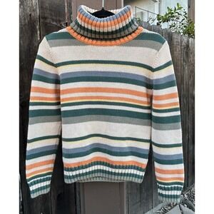 YISHION Womens M Striped Turtleneck Sweater Cotton Knit Green Orange